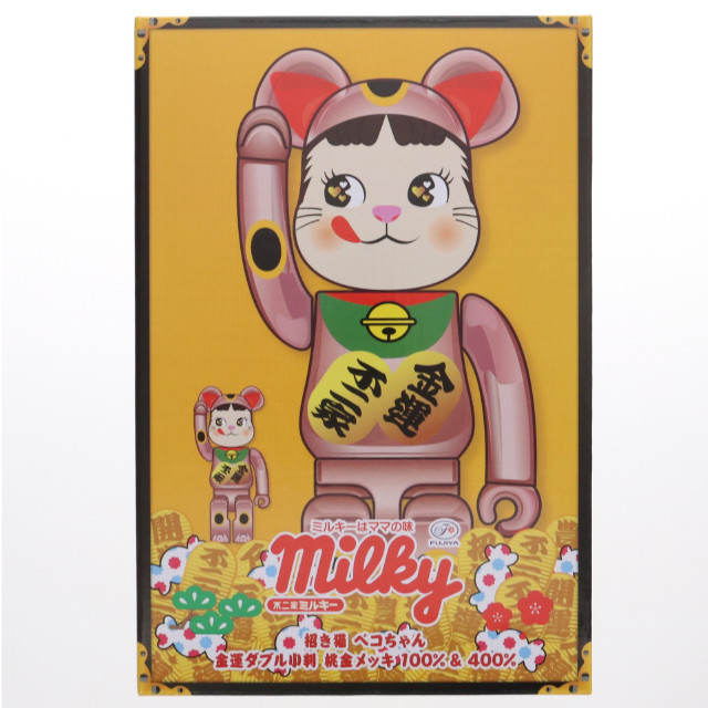 [FIG]ファミリータウン限定 BE@RBRICK(ベアブリック) 招き猫 ペコちゃん 金運ダブル小判 桃金メッキ 100% & 400% 不二家 完成品 可動フィギュア メディコム・トイ/不二家