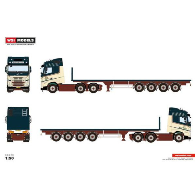 [MDL] 1/50 Torben Ramsdal VOLVO FH5 GLOBETROTTER 6X2 TAG AXLE FLATBED TRAILER - 4 AXLE 完成品 ミニカー(01-4489) WSI MODELS